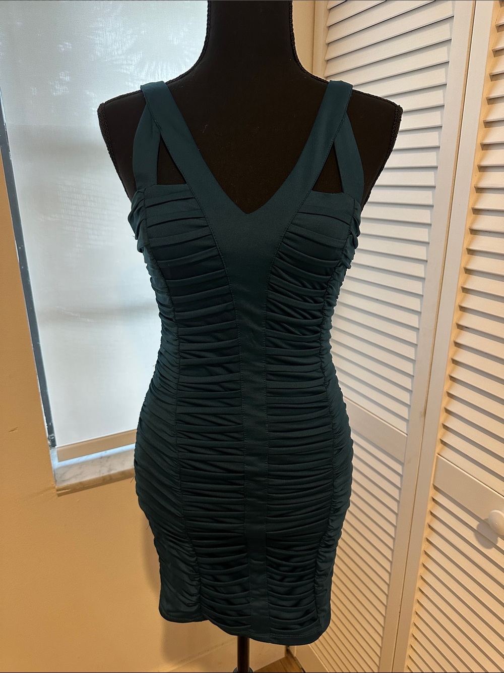 Nikibiki Teal Ruched V-Neck Bodycon Mini Dress